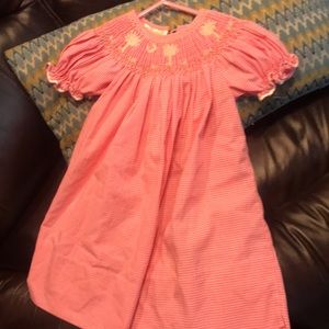 Rosalina Bishop pink dress, palm tree smocking